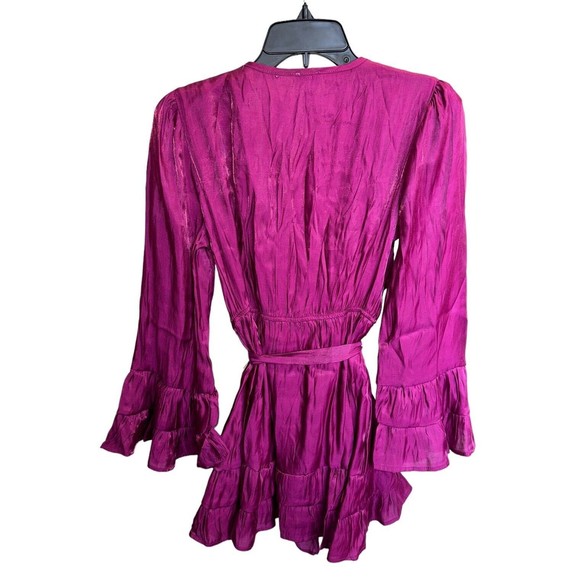 Metallic Fuchsia Tiered Satin Pleated Belted A Line V Neck Womens Medium Dress - Picture 13 of 16